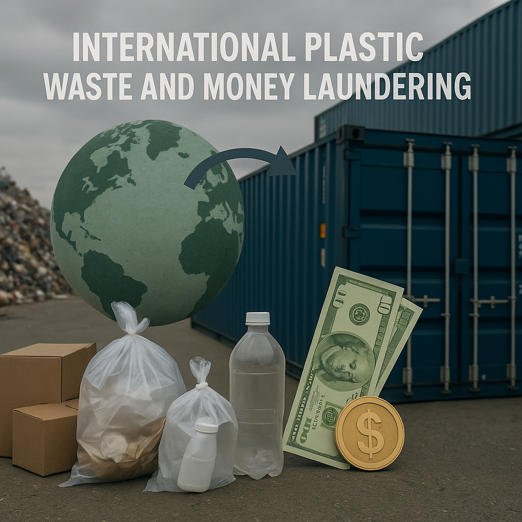 Container, afval, bankbiljetten en munten. Tekst: 'International plastic waste and money laundering'